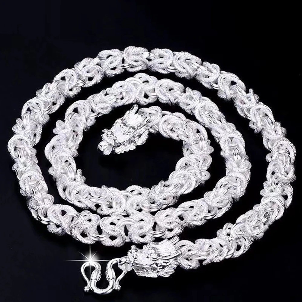 Men’s 925 Sterling Solid Silver Necklace Classic Round Faucet Dragon Jewelry