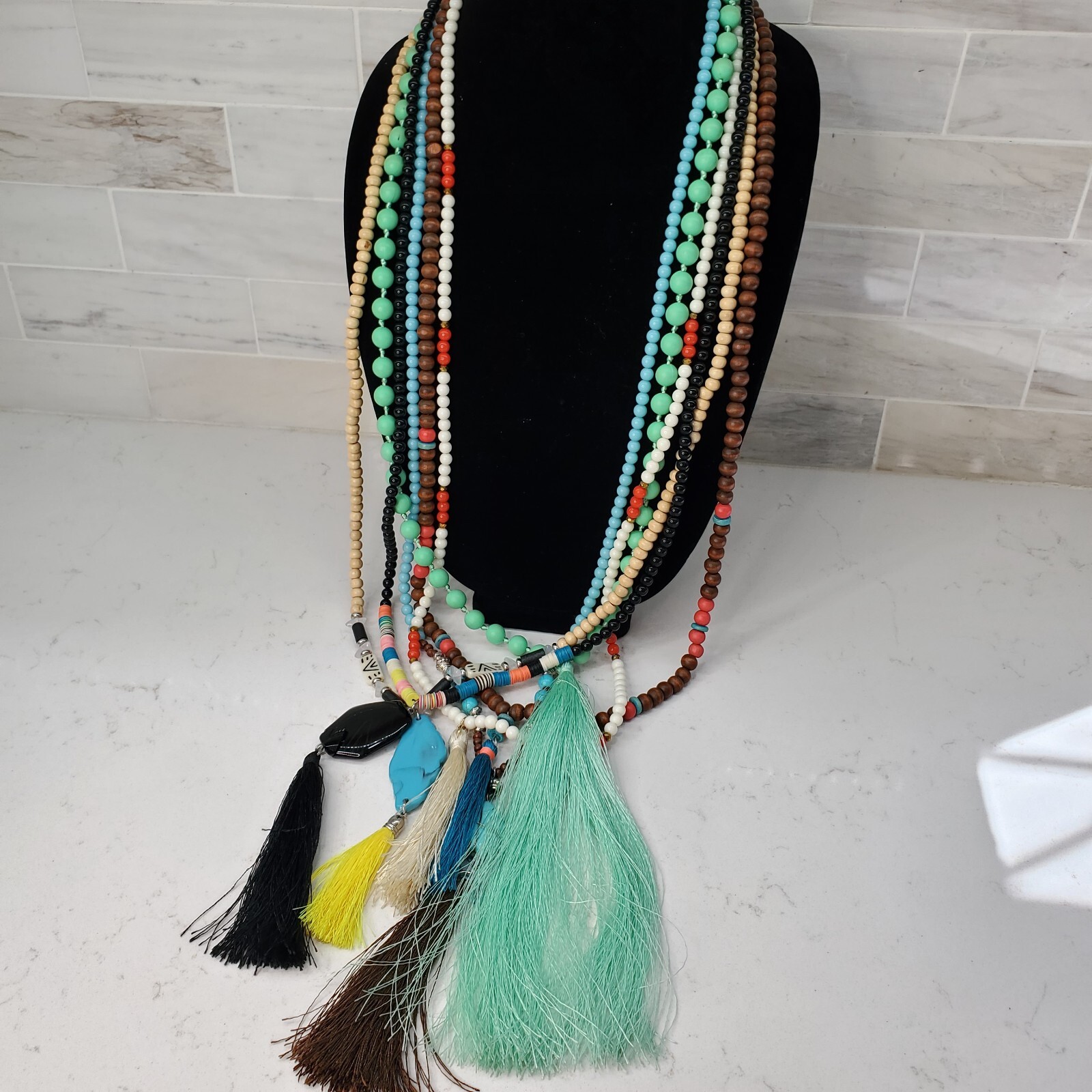 6 Beaded Tassel Necklaces – Wood & Faux Turquoise & Bone & Shell Multicolor Long