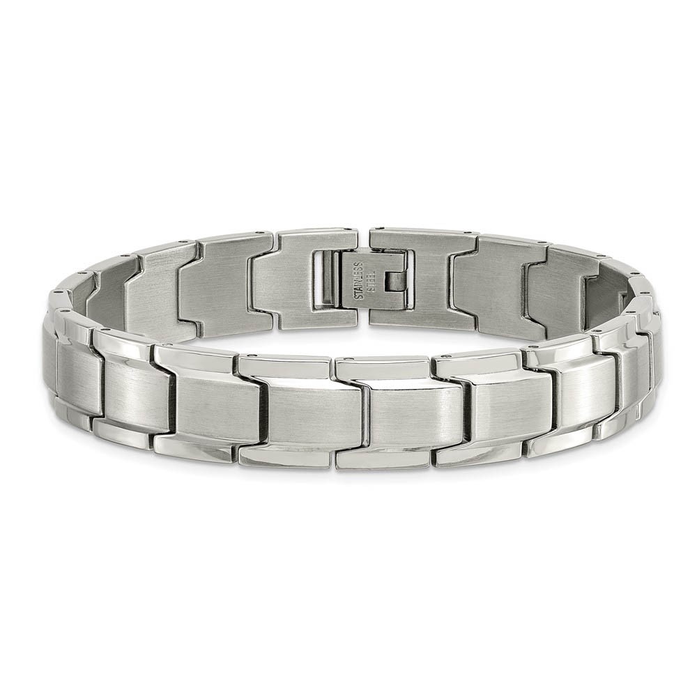 12mm Stainless Steel Brushed & Polished Classic Link Bracelet, 8.25 In