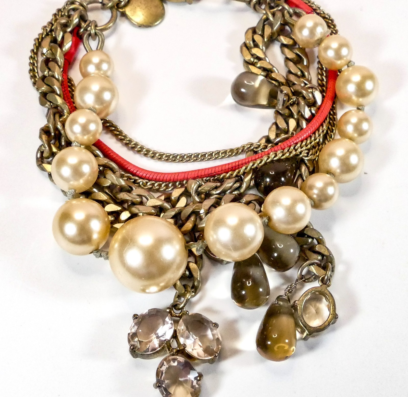 Signed J.Crew Multi-Strand Pearl & Crystal Statement Charm Bracelet