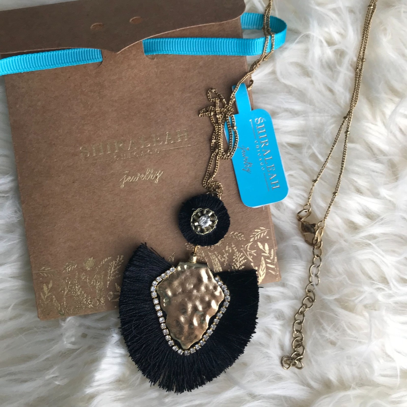 Anthropologie Boho Jewelry Long Statement Necklace Hammered Gold Black Fringe