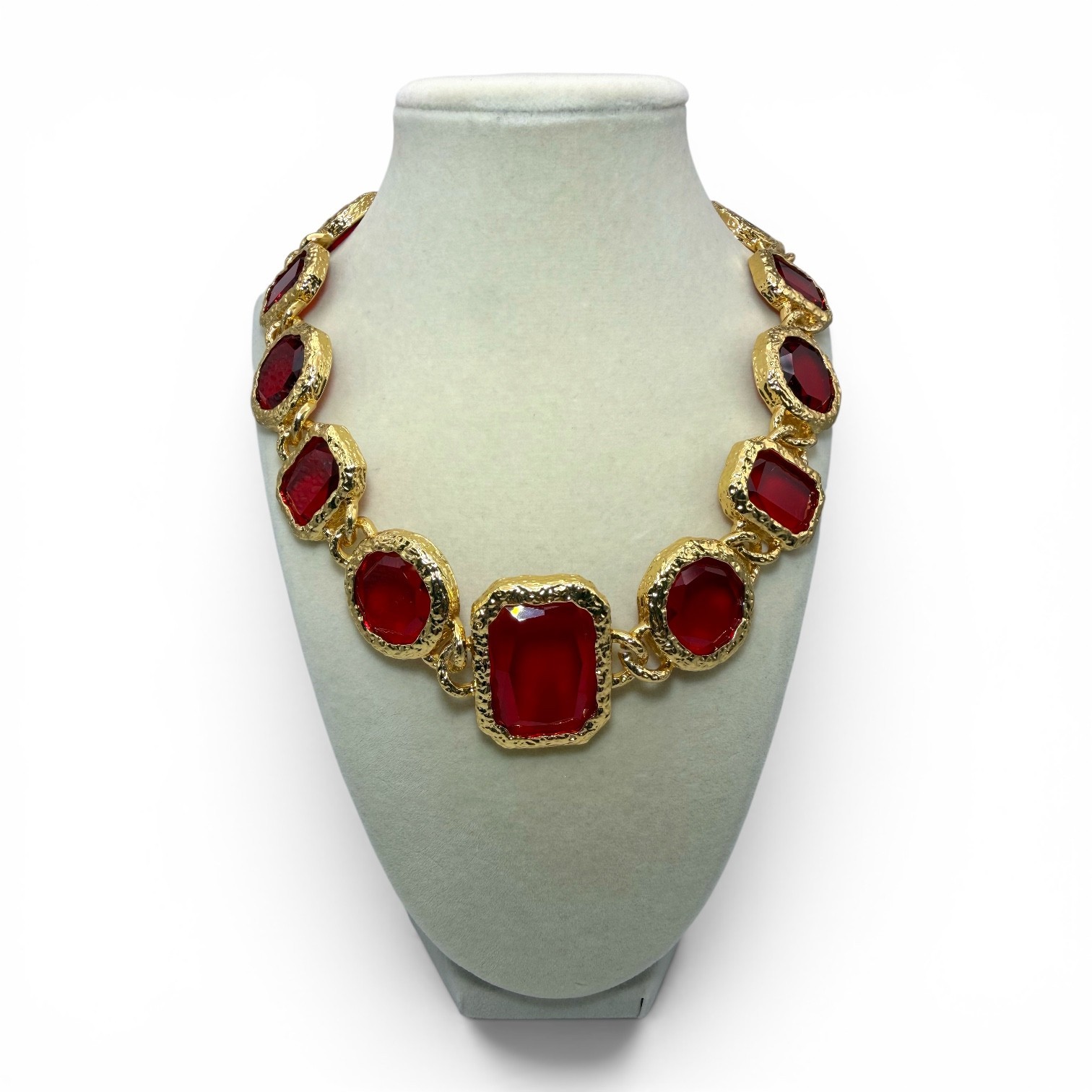 Catwalk Jon New Signed Rich Red Acrylic Collar Necklace Gold Tone Statement 19”