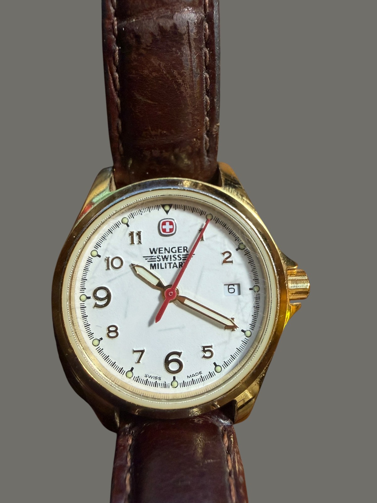 Wenger Swiss Military Women’s Gold Tone Watch 79240 White Dial Brown Leather