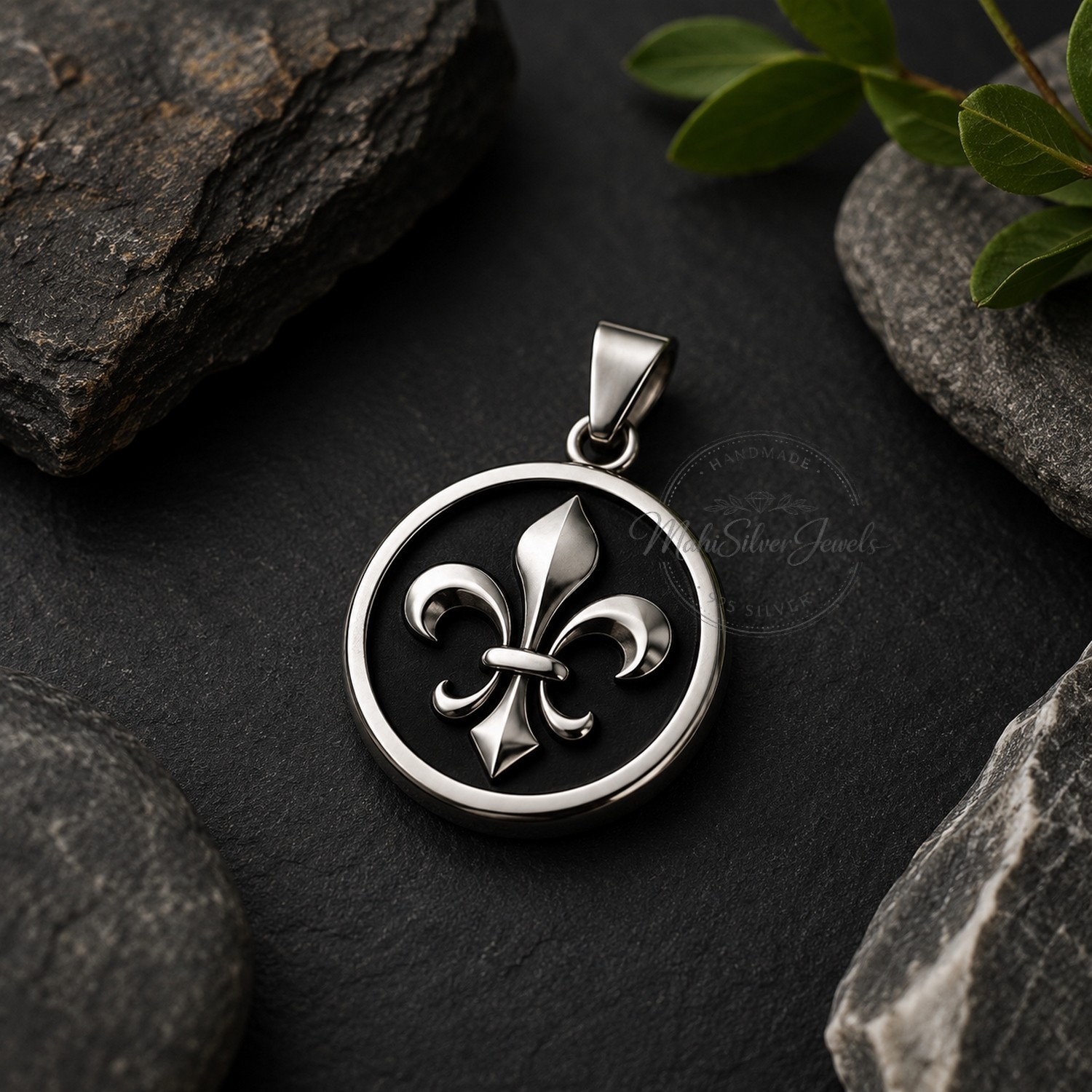 Handmade Sterling Silver Fleur De Lis Pendant Unisex Round Jewelry MR018