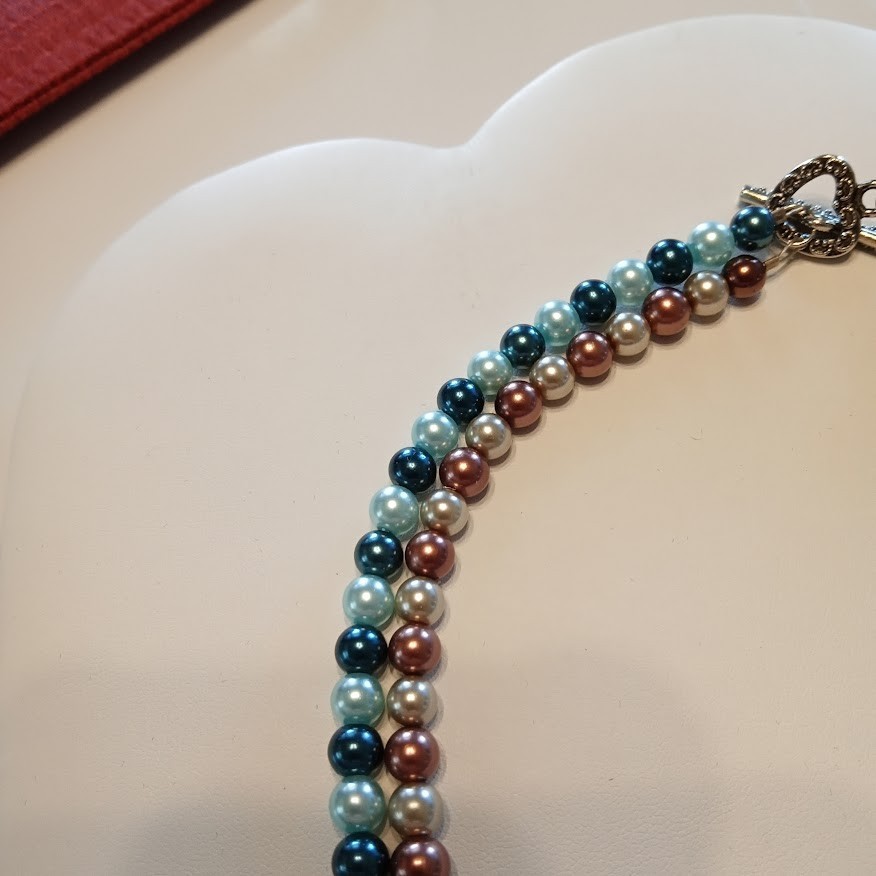 VTG 20″HONARA Double Strand Glass/Shell Pearls Teal Mauve Champagne Heart Toggle