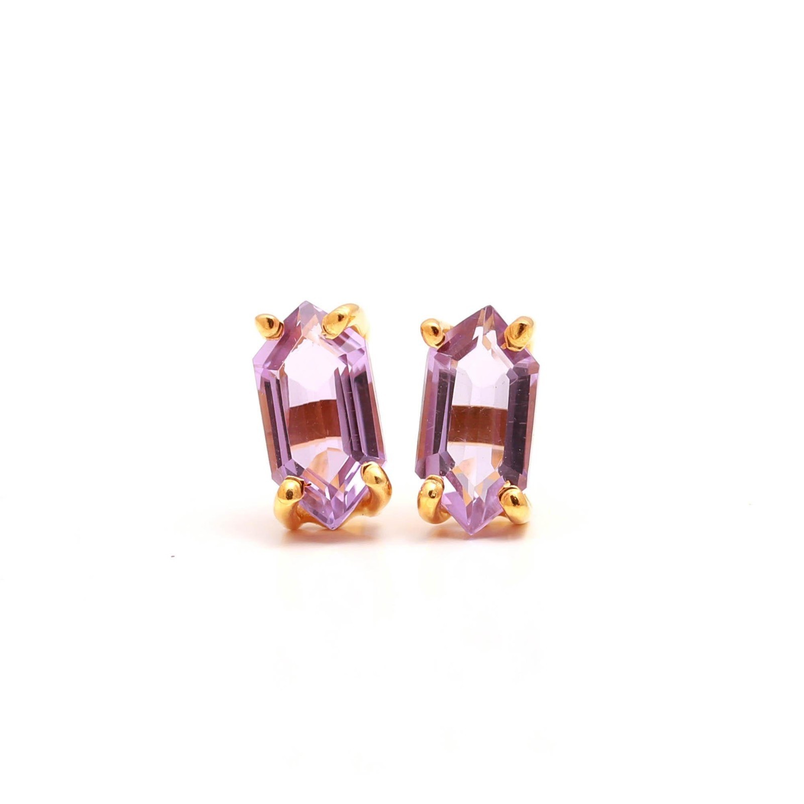 Natural Pink Amethyst Hexagon Stud Earring Gold Fill 925 Sterling Silver Jewelry