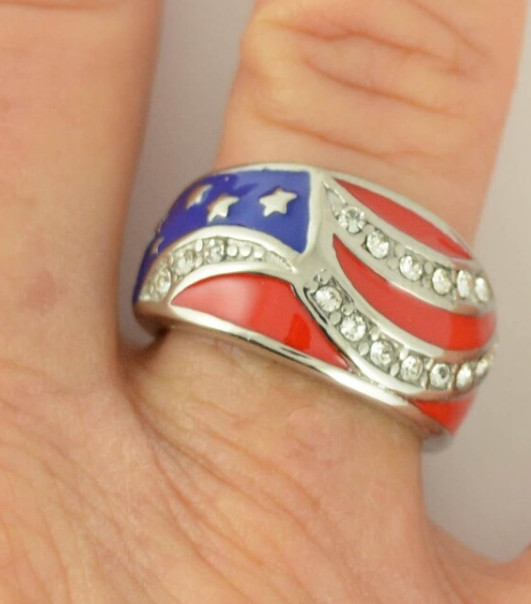 Ladies American Flag Ring Imitation Diamonds Stainless Steel Patriotic Jewelry 4