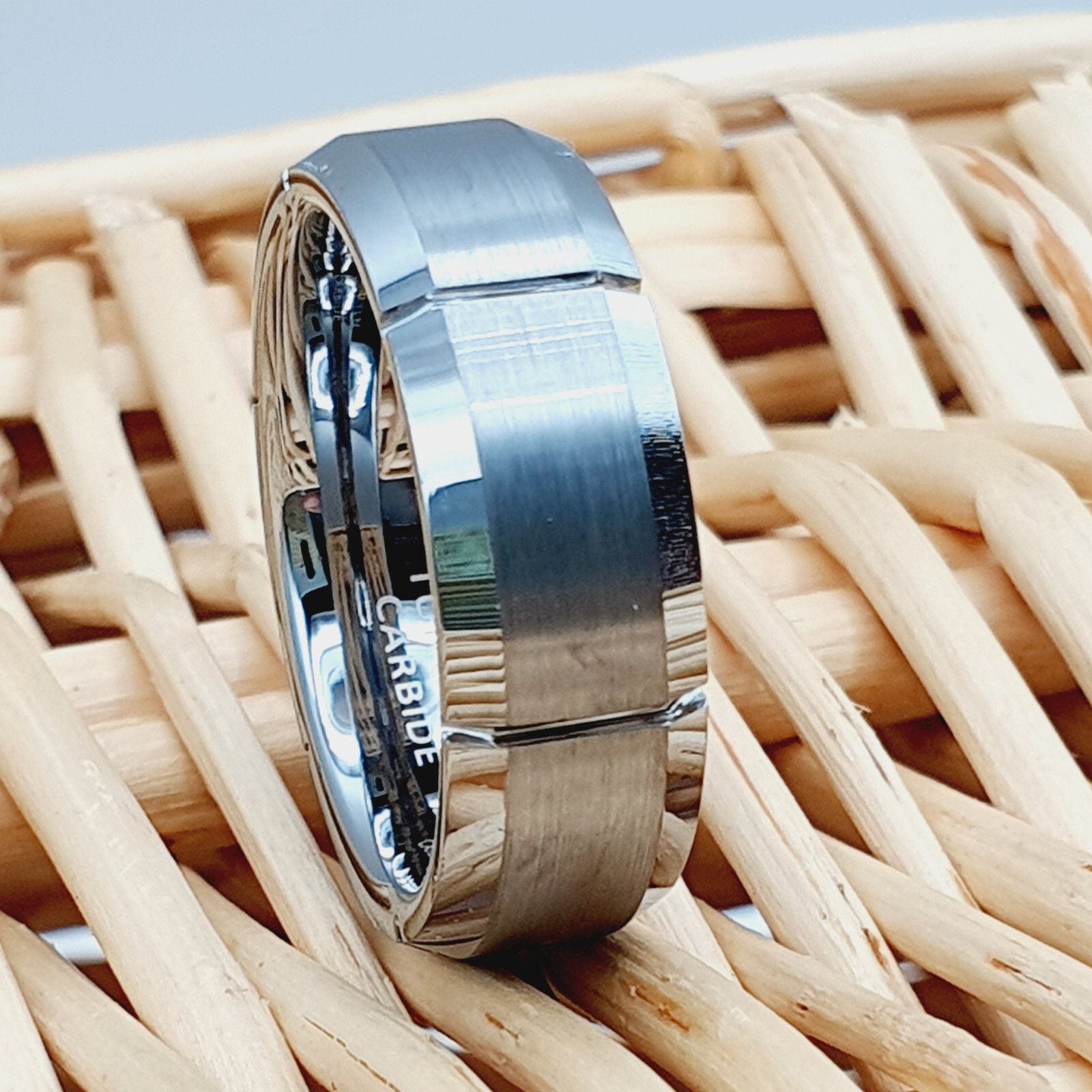 Mens Wedding Band Satin Brushed Ring High Polished Beveled Edges Tungsten Ring