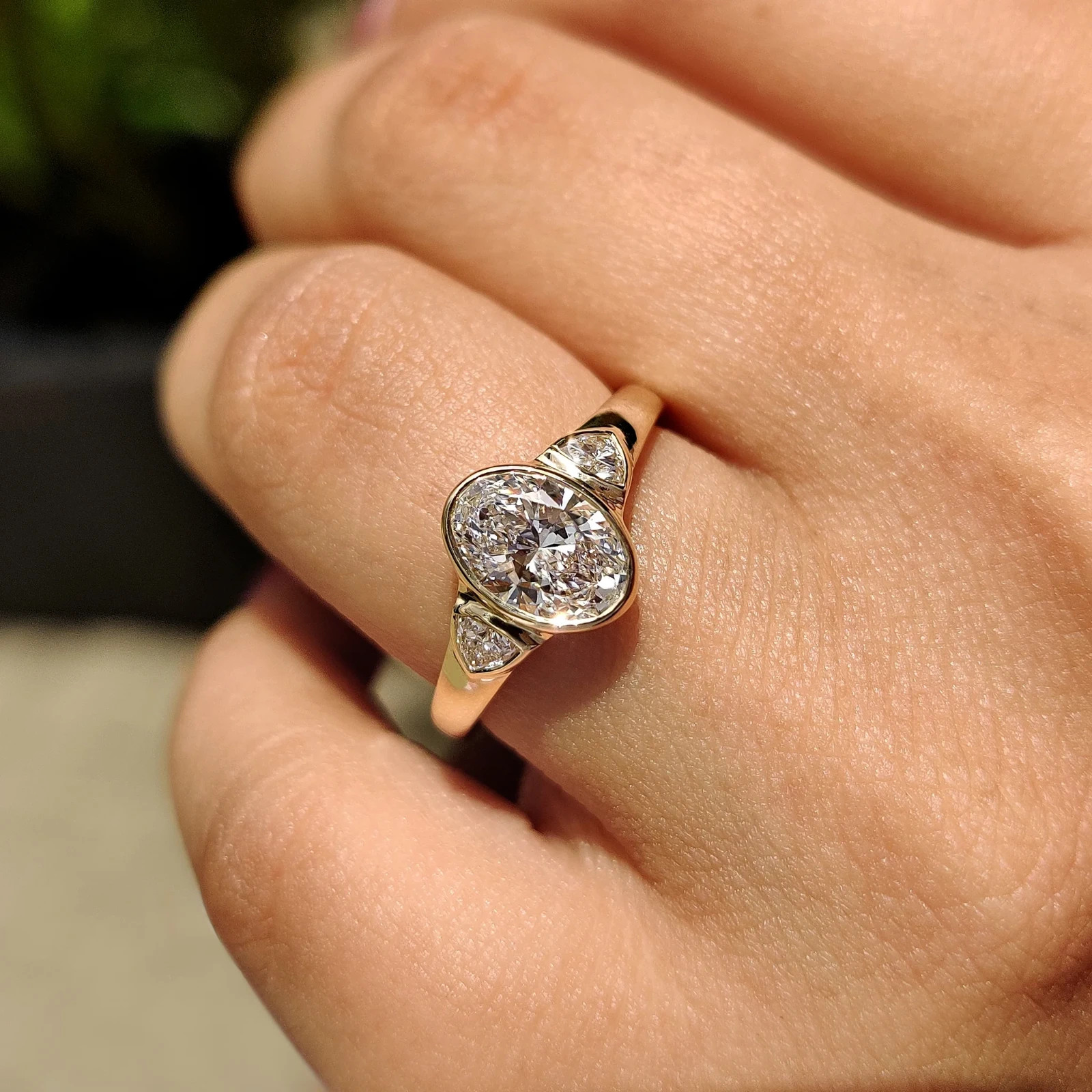 2.00CTOval Bezel Engagement Ring 9K Yellow Gold Lab Grown Diamond Trillion Sides