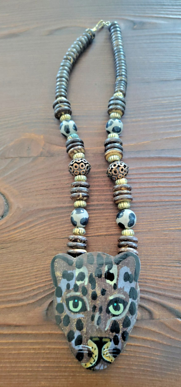 Vintage Hand Painted Leopard Wood – Metal Statement Necklace- Lee Sands