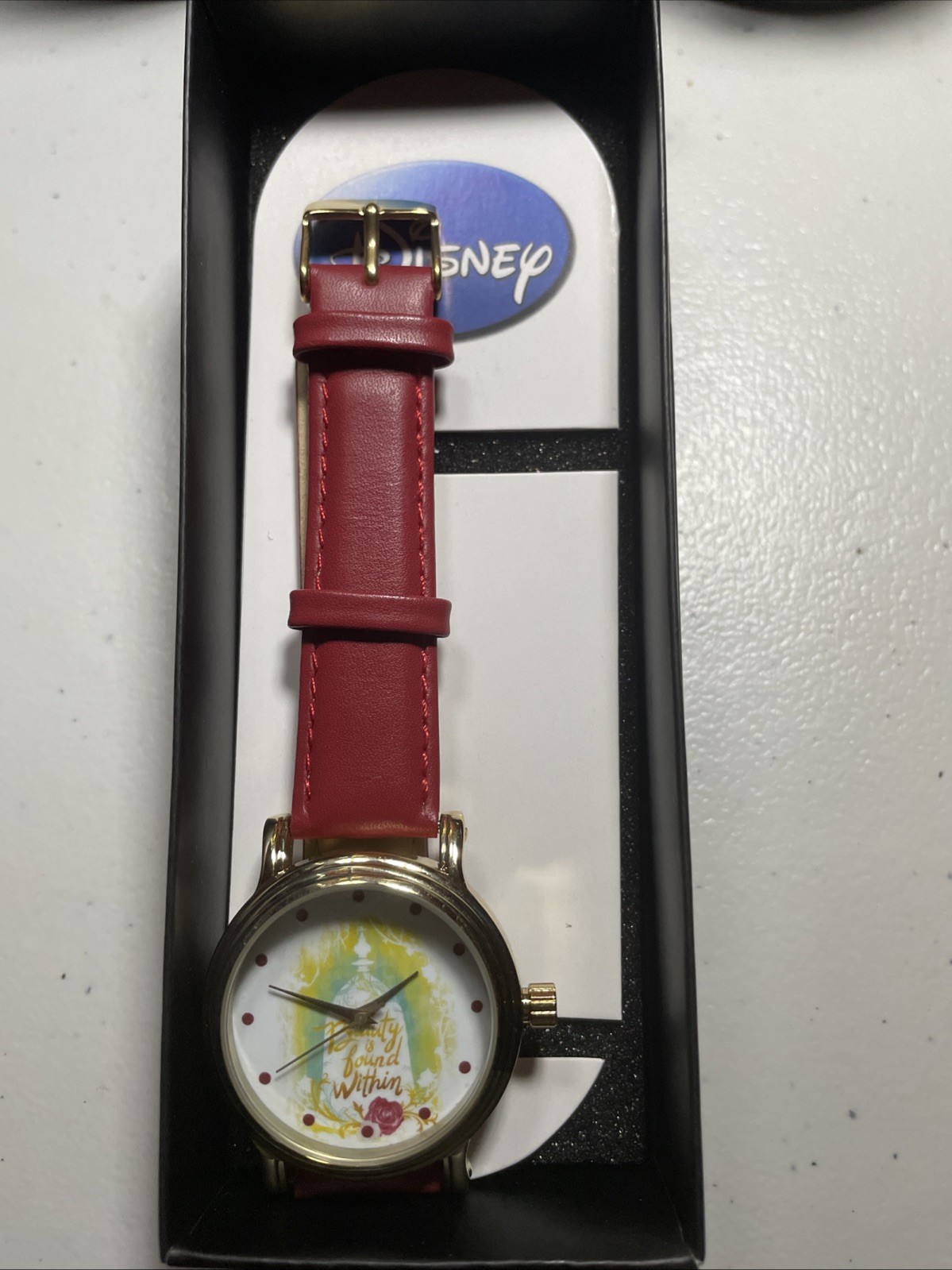 Disney Beauty & the Beast Watch Red Leather Gold tone New In Box (Box 1)