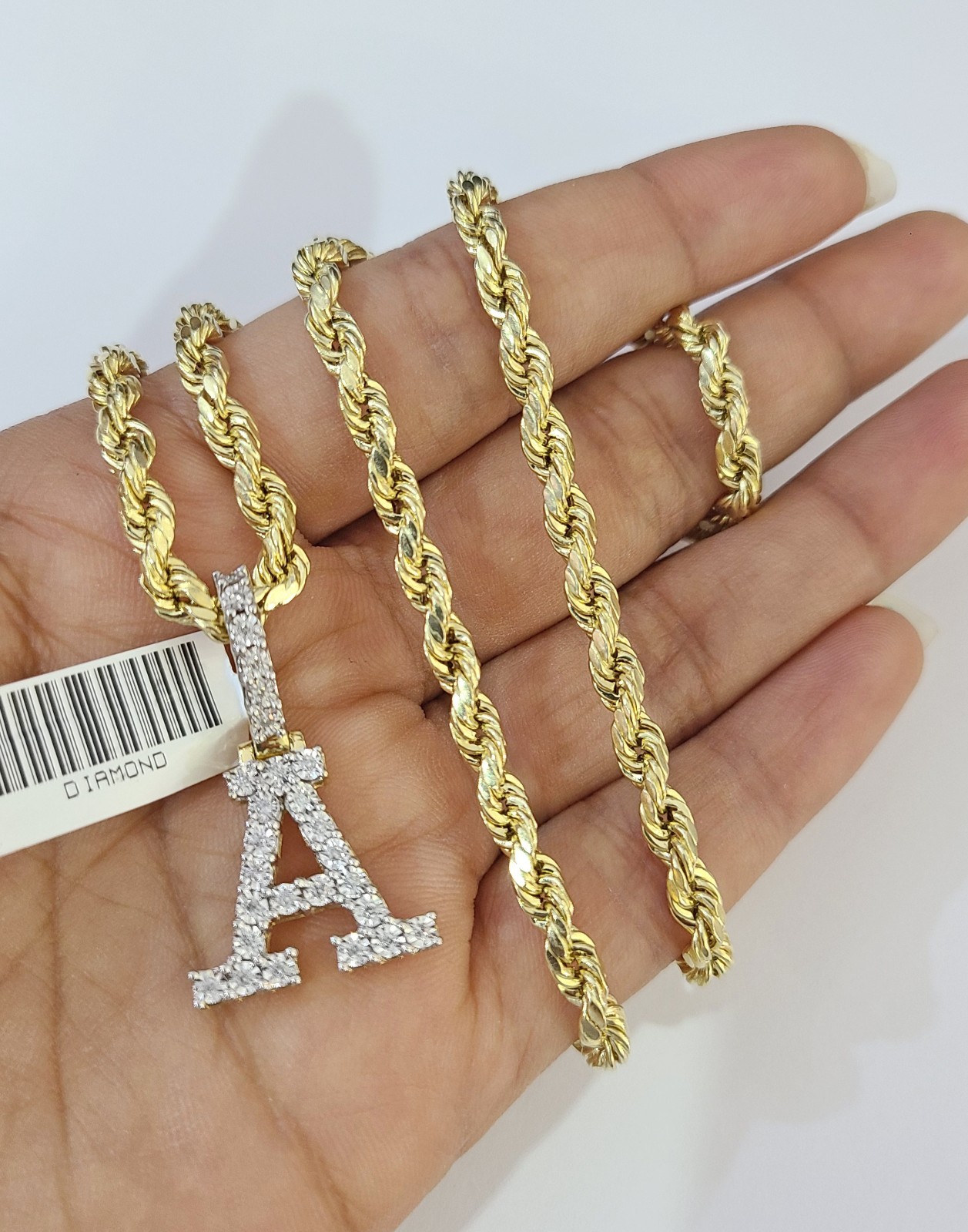 10k Rope Chain A Diamond Initial Charm Necklace Pendant Set 4mm 20″-30″ Gold