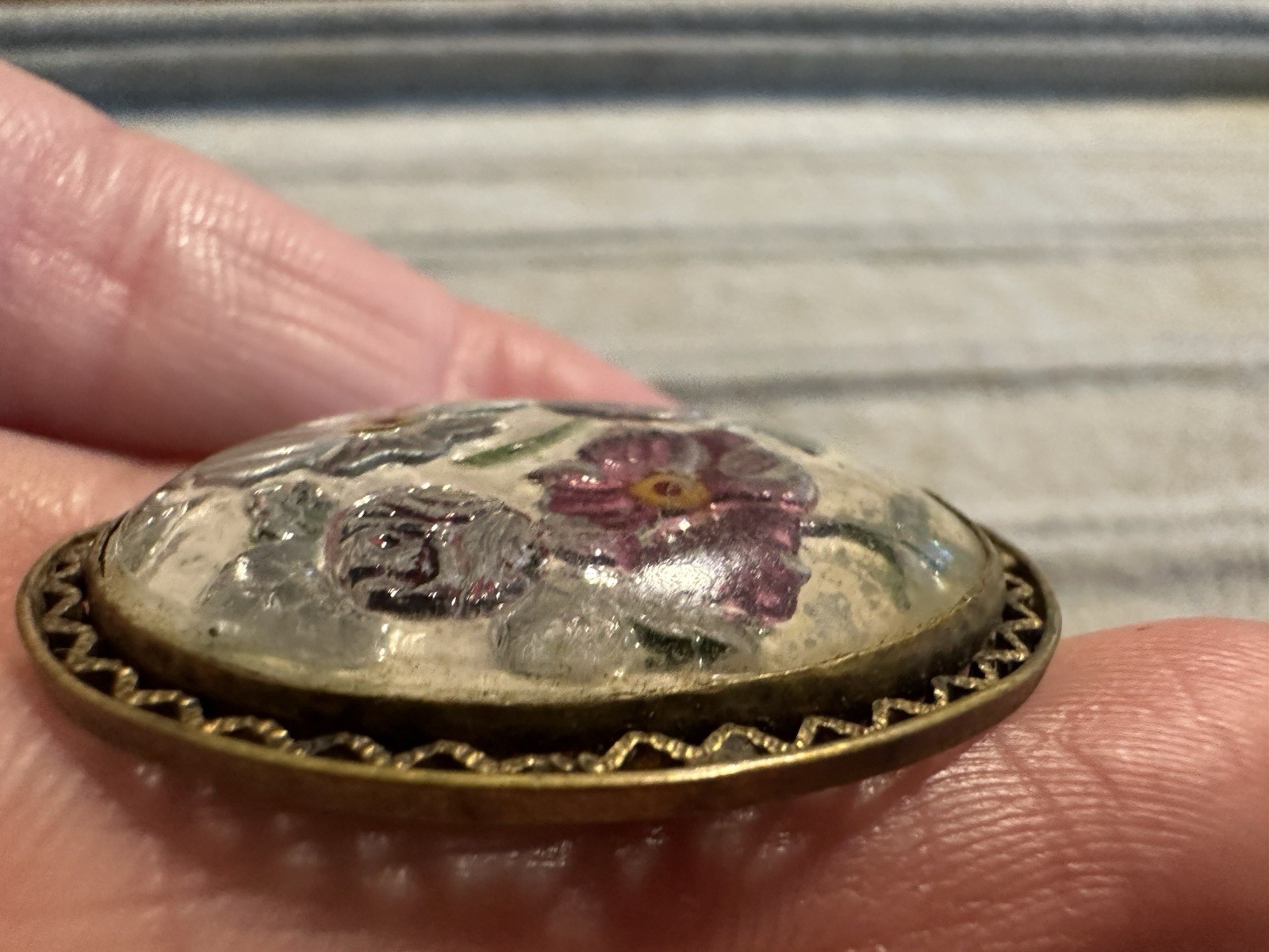 Antique Goofus Glass Dome Reverse Painted Floral Oval Brooch