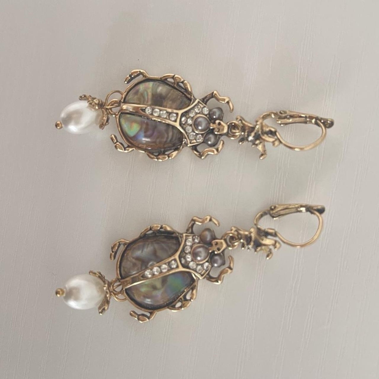 Gold Tone Beetle Dangle Earrings Mother of Pearl/Abalone Shell Pearl Crystal