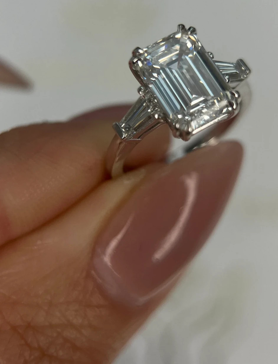 Lab Grown 4.5 Ct IGI Certified E Color VVS2 Clarity Emerald Cut Three Stone Ring