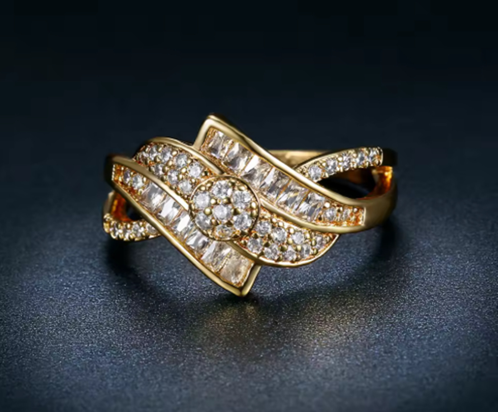 Wave Design Ring 14K Gold Plated Baguette & Round Stone Statement Ring Gift Her