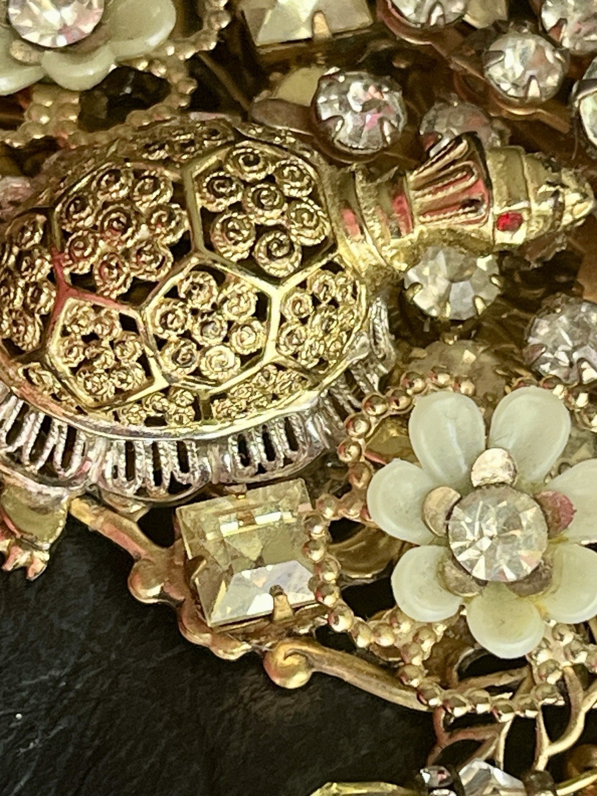 Vintage Assemblage Brooch Pendant Turtle Rhinestone Filigree Flower Dangle Pin