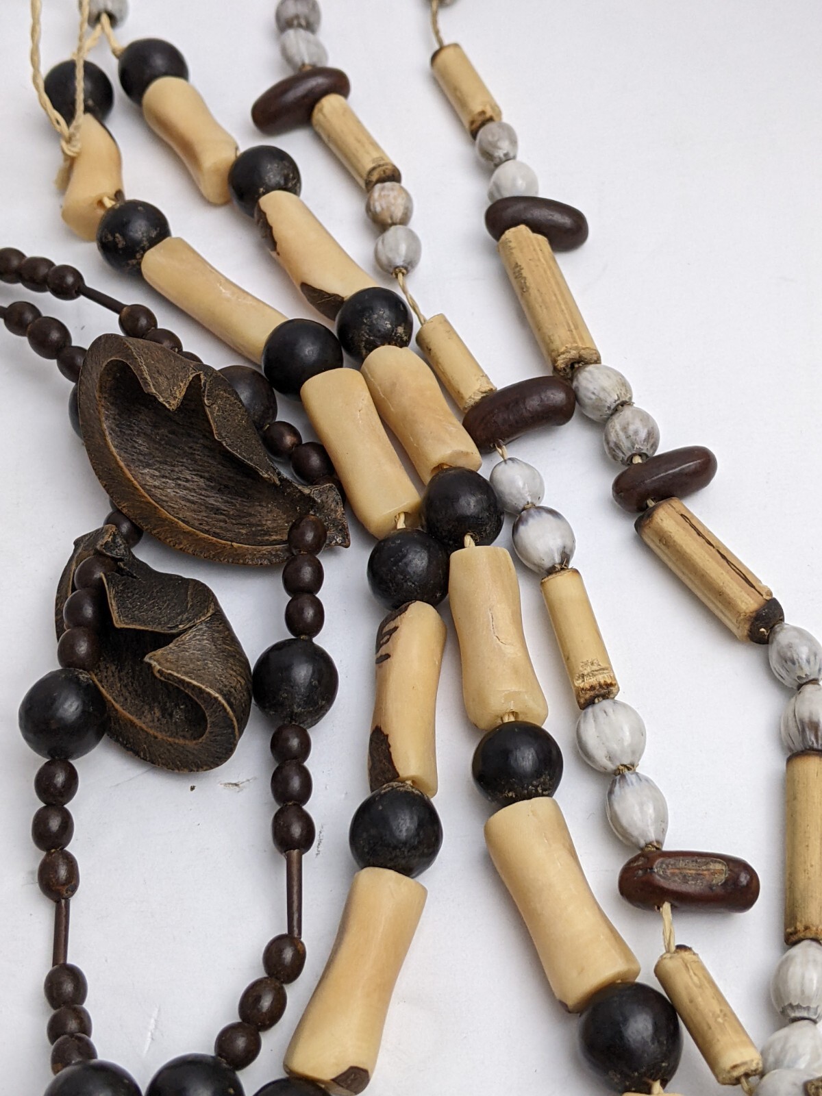 3 Vtg South American Tribal Necklaces Penis Bone Jaw Bone, Seeds, Bamboo, Nuts