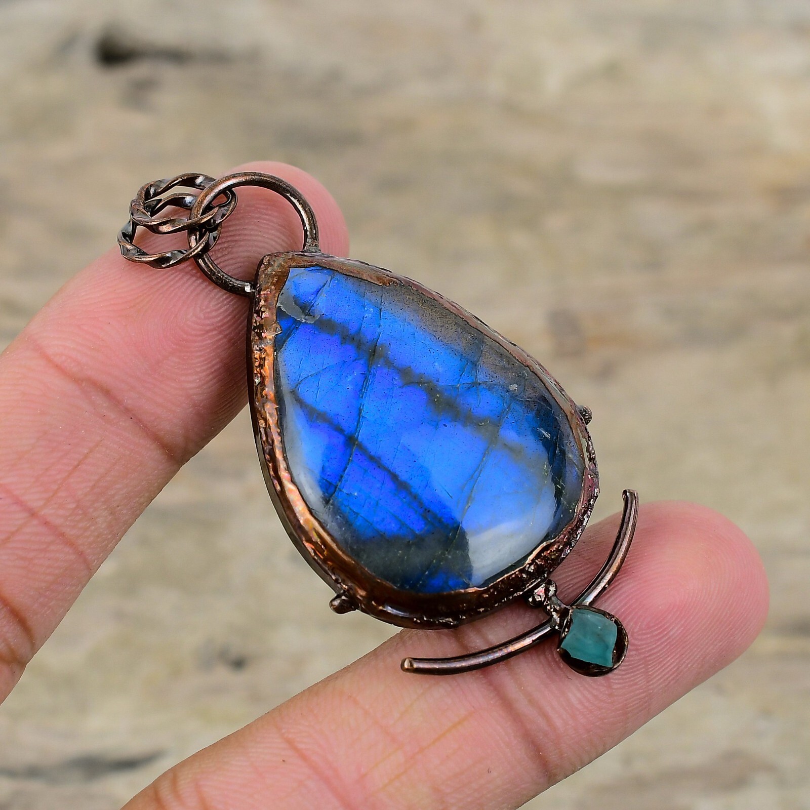 Copper Labradorite Stone Aquamarine Rough Sister Electroformed Pendant Jewelry