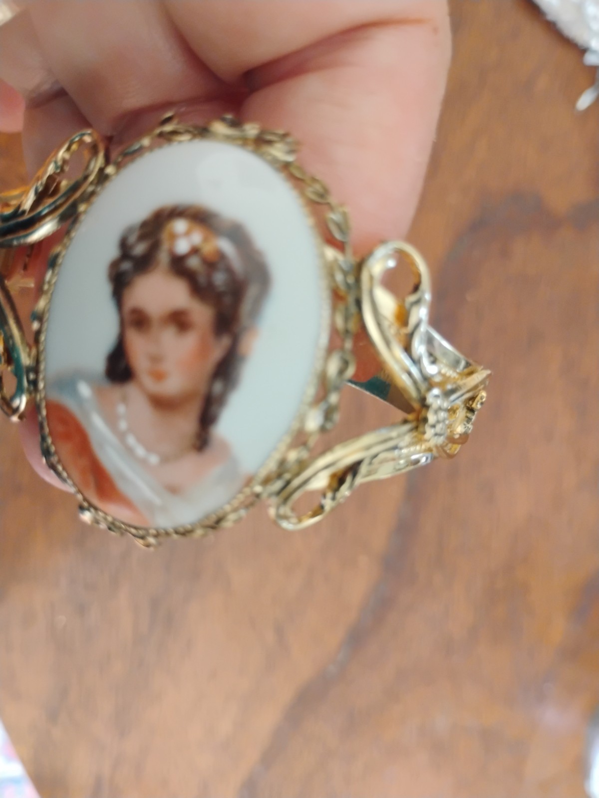 Whiting and Davis Gold Tone Bangle with Limoges Porcelain Portrait Bracelet