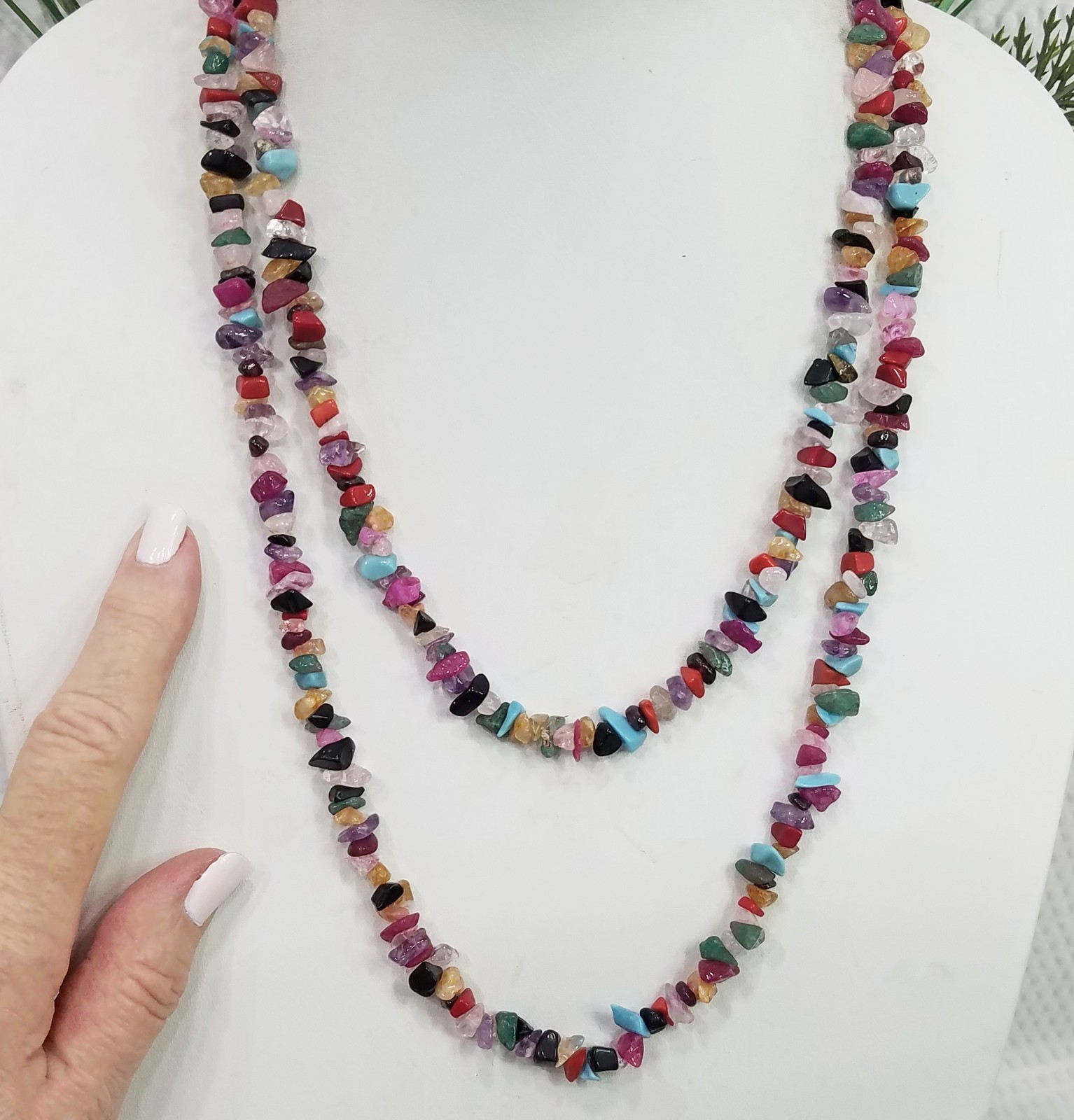 Multicolor Turquoise Onyx Jasper Quartz Gemstone Chip Continuous Loop Necklace