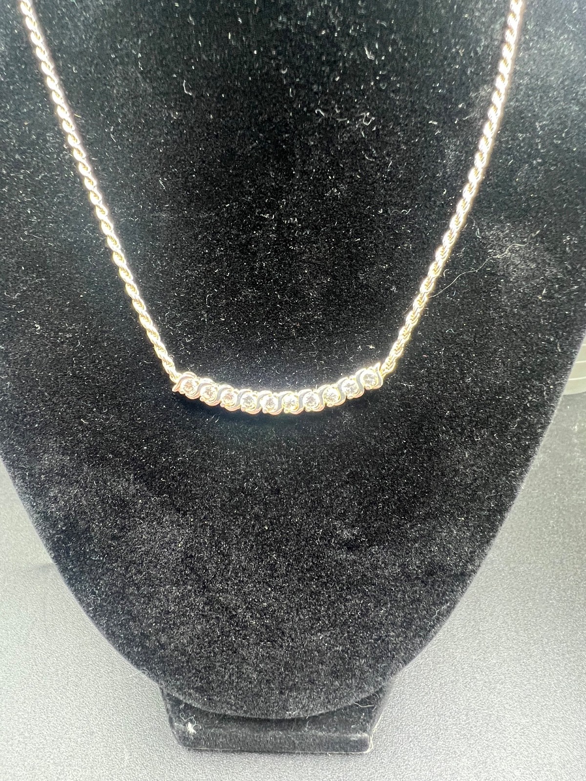 17″ SU Signed 925 Sterling Silver CZ Curved Bar Rope Chain Necklace 7.68g