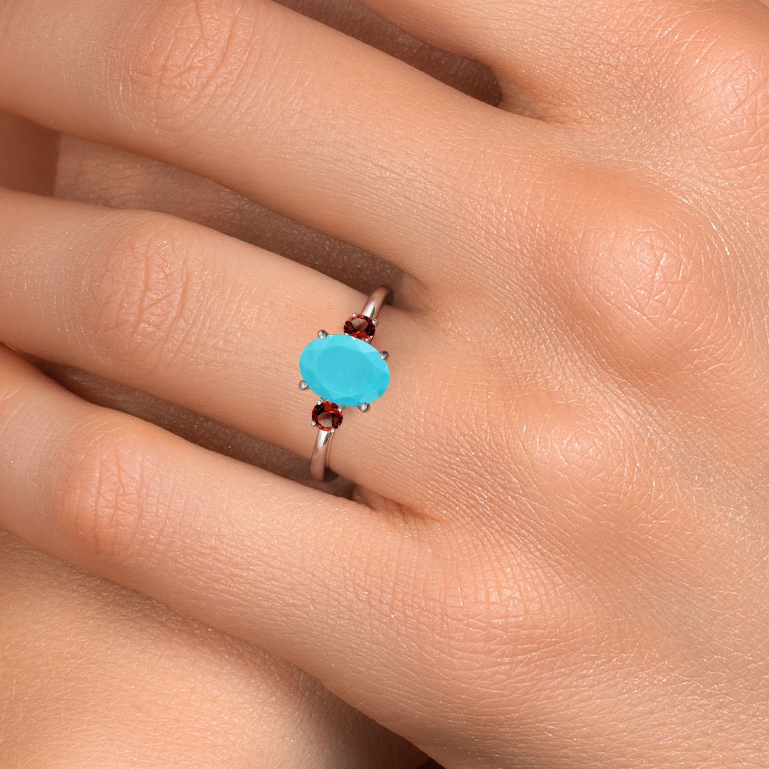 1.80 Ct Oval Green Turquoise Red Garnet 14K White Gold Ring