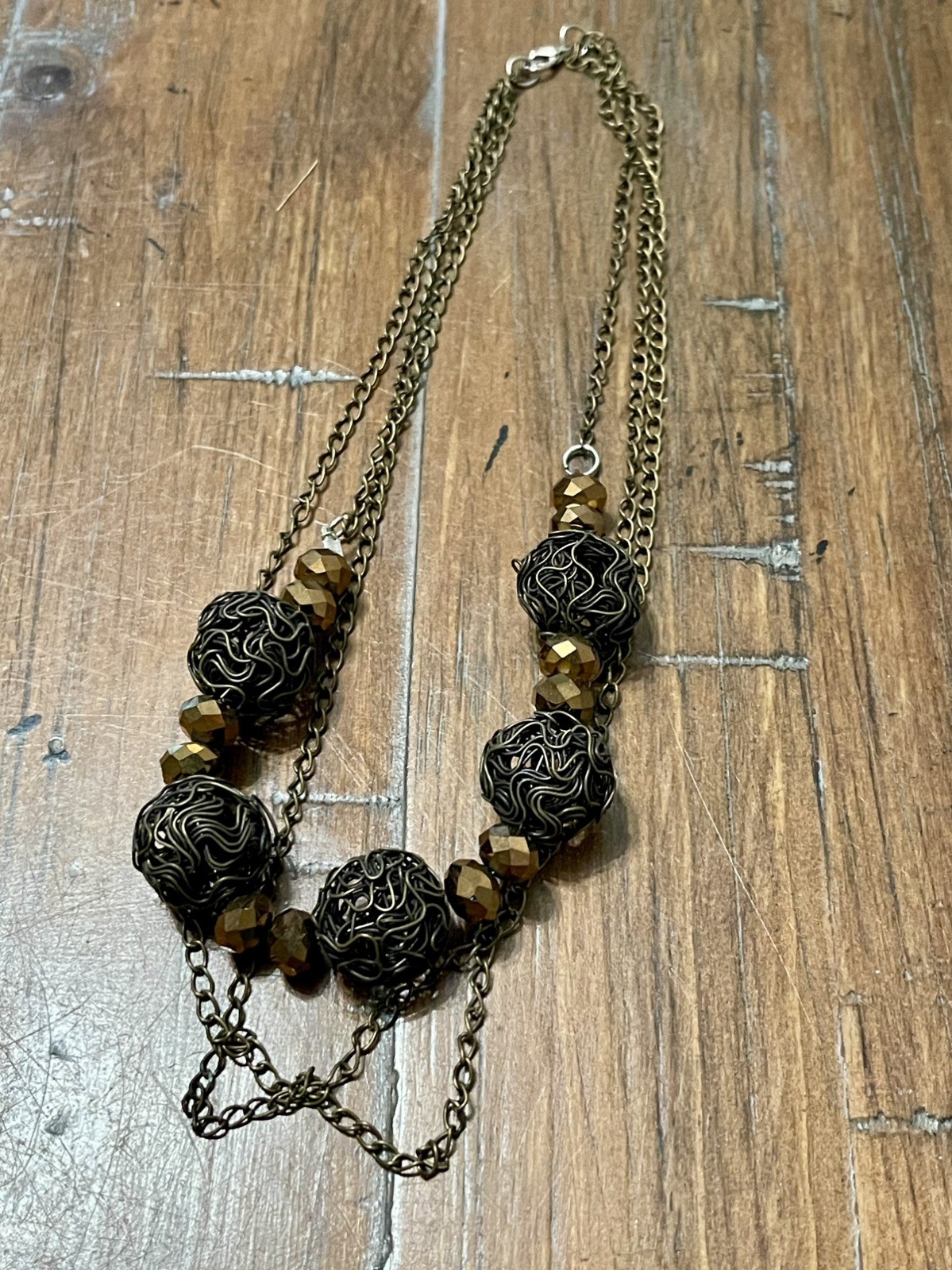 Bronze Black Wire Wrapped Cage Beaded Necklace Multi Chain Artisan