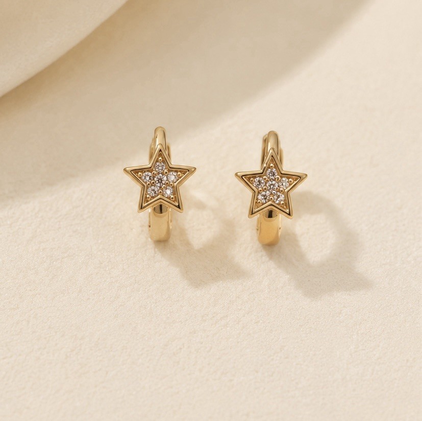 18K Gold Plated Star Huggie Hoop Earrings 9mm Small CZ Unisex Earrings 177