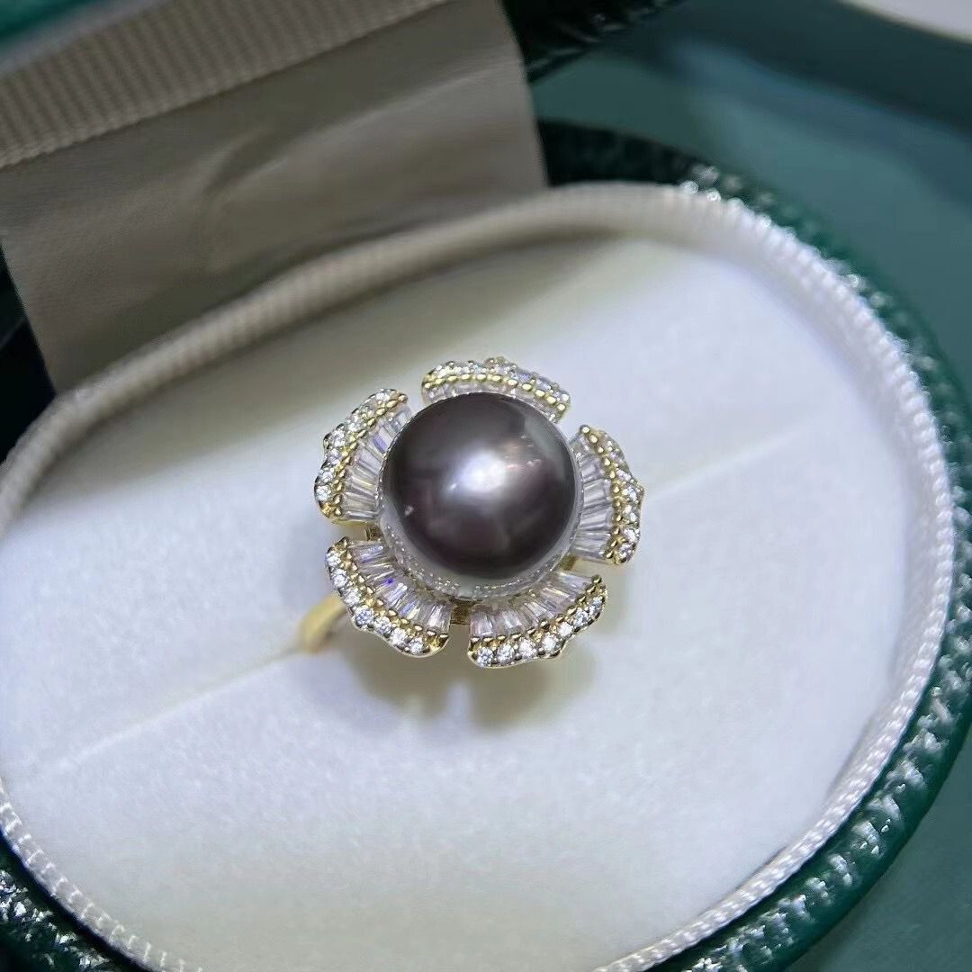 stunning 11-12mm tahitian rund black pearl ring 925s(tim)