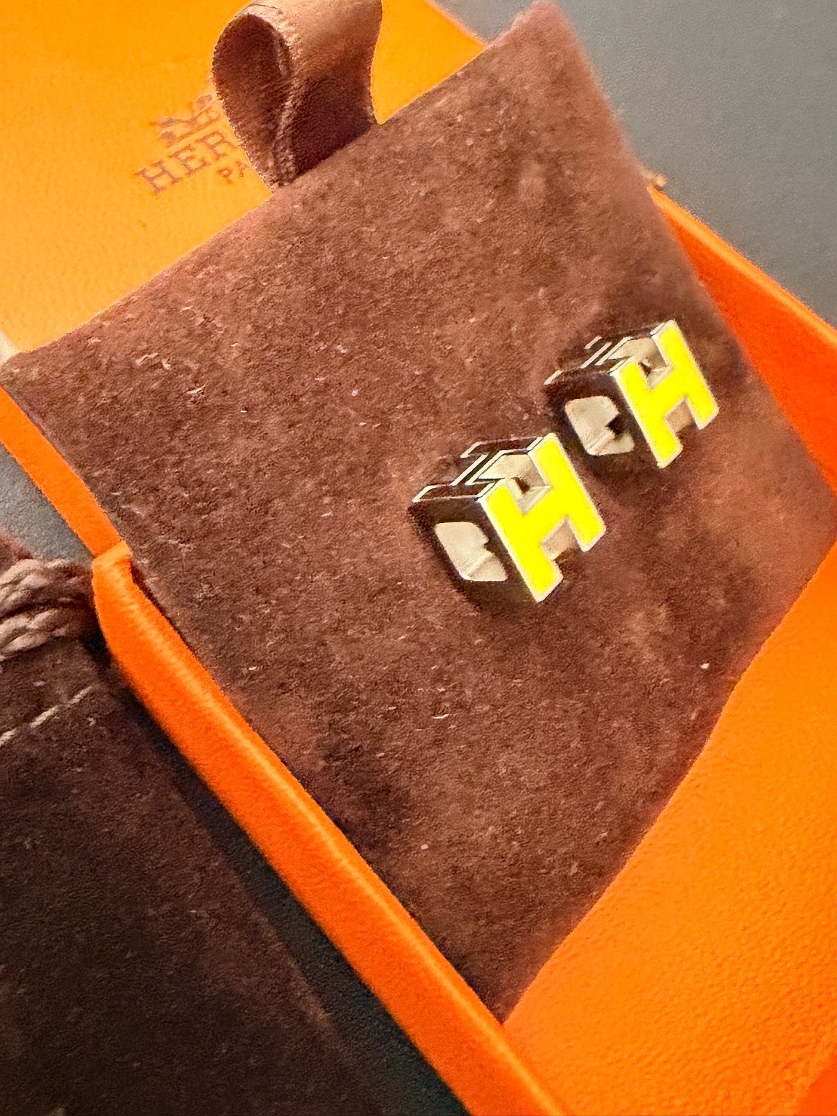 AUTHENTIC Hermes d’H cage earrings silver hardware in YELLOW RARE