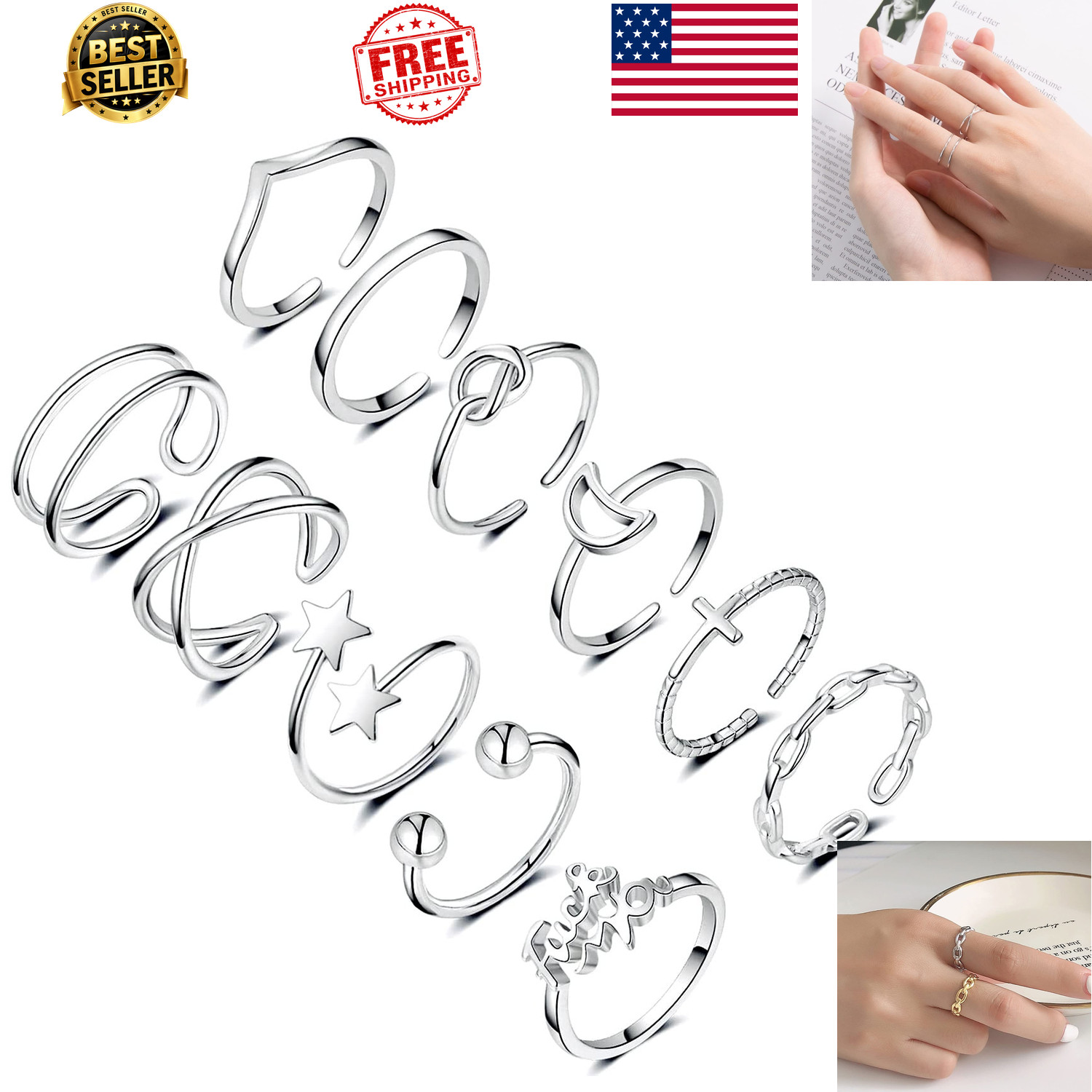 Honsny 11pcs Silver Stackable Adjustable Bands Hypoallergenic for Women Teens