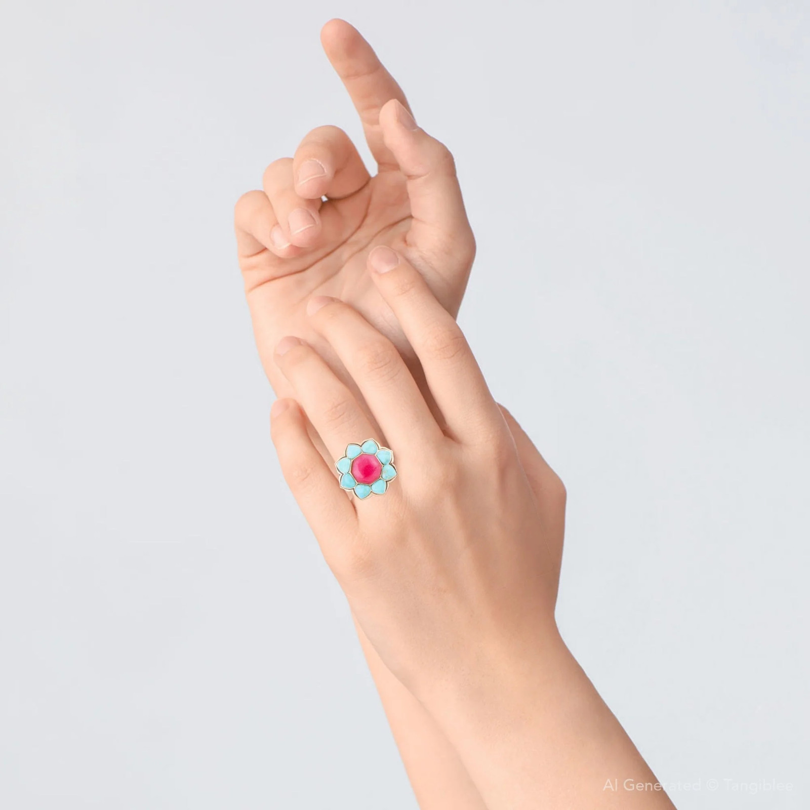 Blue Turquoise and Red Quartz Flower Golden Ring