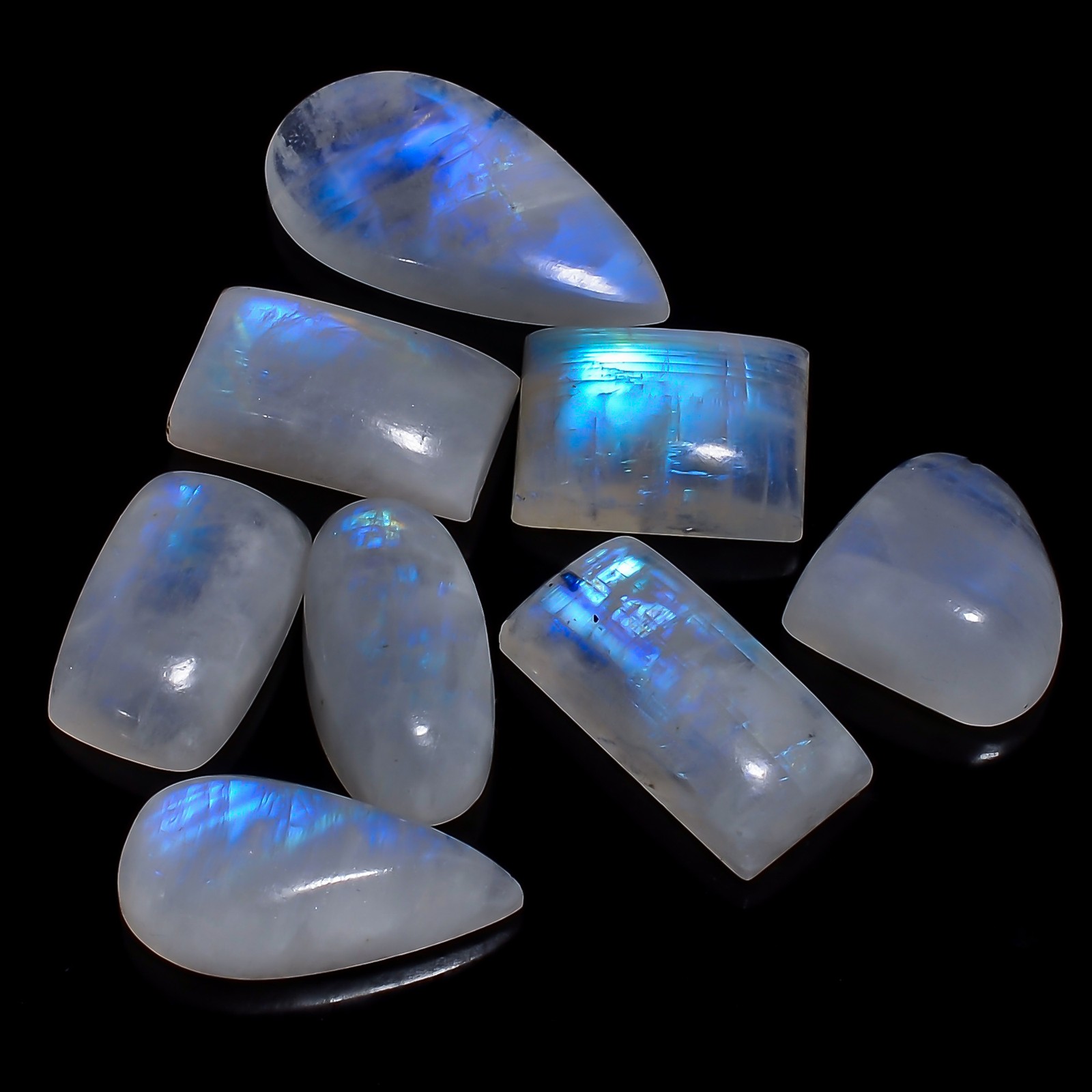 Rainbow Moonstone Cabochon 8 Pcs Lot Gemstone 101 Ct. 15X11 24X13 mm A-34700