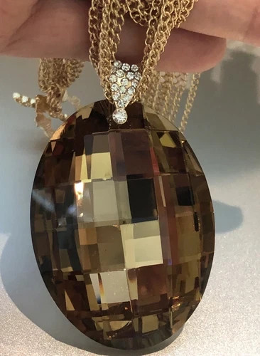14K Gold Plated Chain Brown Big Oval Pendant Sweater Necklace Toggle Clasp