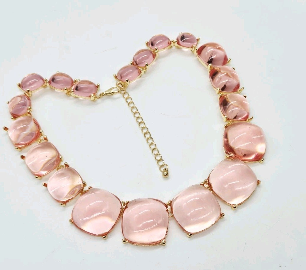 Pink Gripoix Style Necklace Cabochon Gold Tone Graduated Jelly Belly 18.5 in