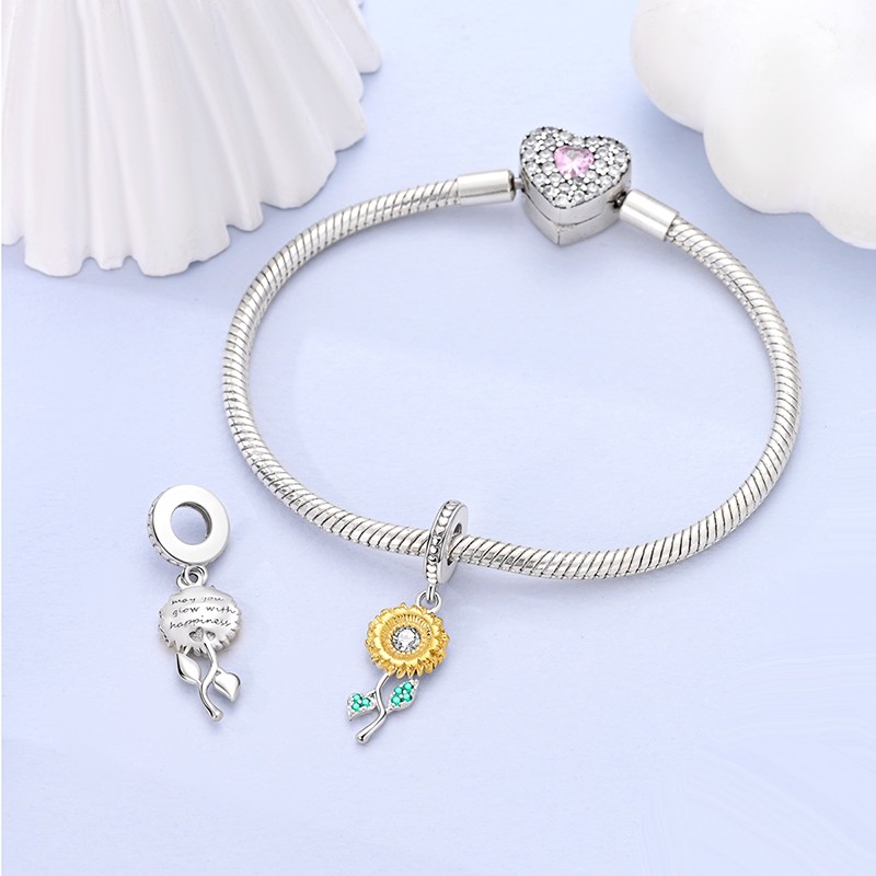 MULA European 925 Sterling Silver Charm CZ Sunflower Dangle for Women Bracelet