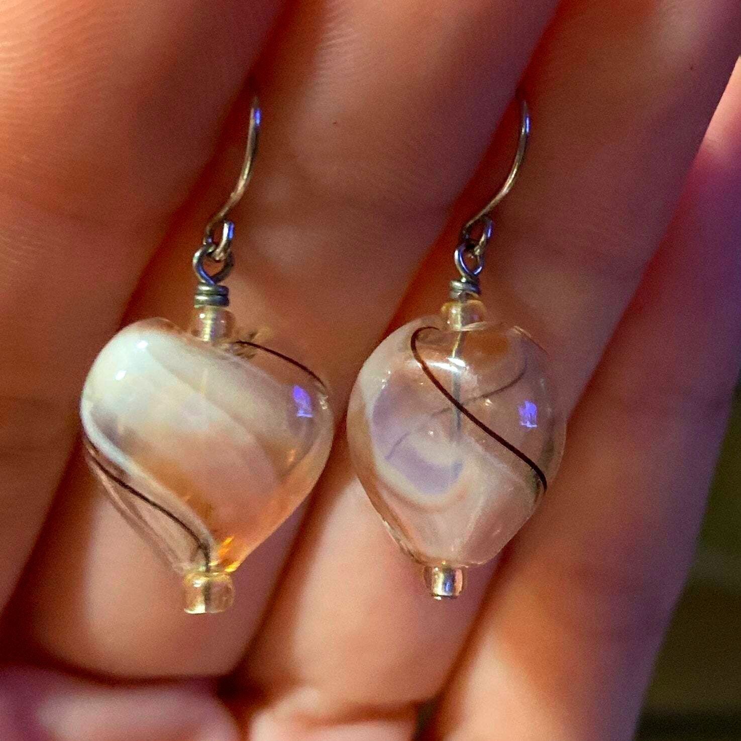 2 Pair Peach and Blue Hand Blown Heart Shape Glass Earrings