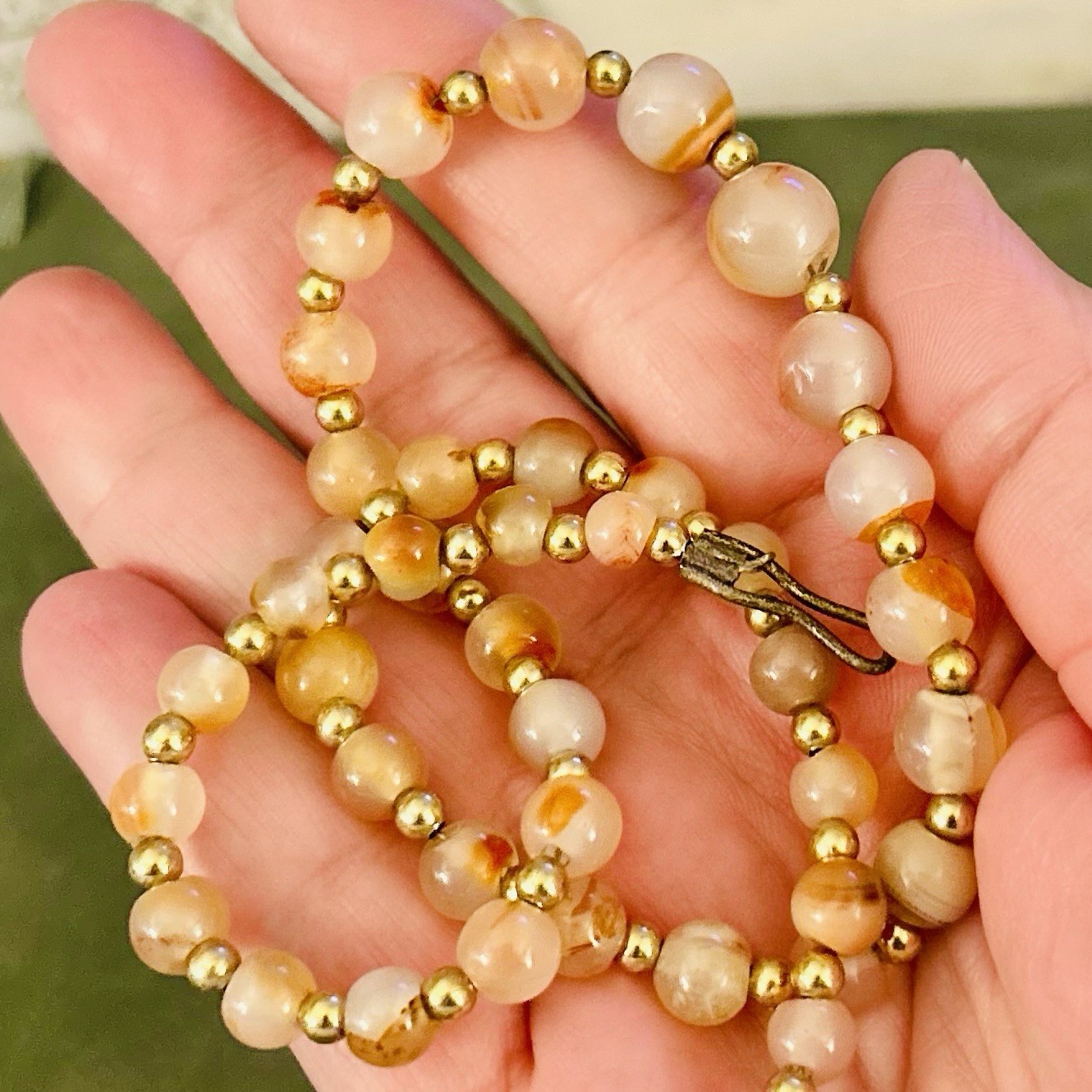 Cherry Blossom Agate Hand Made Beaded Necklace with Gold-Toned Spacers 18”