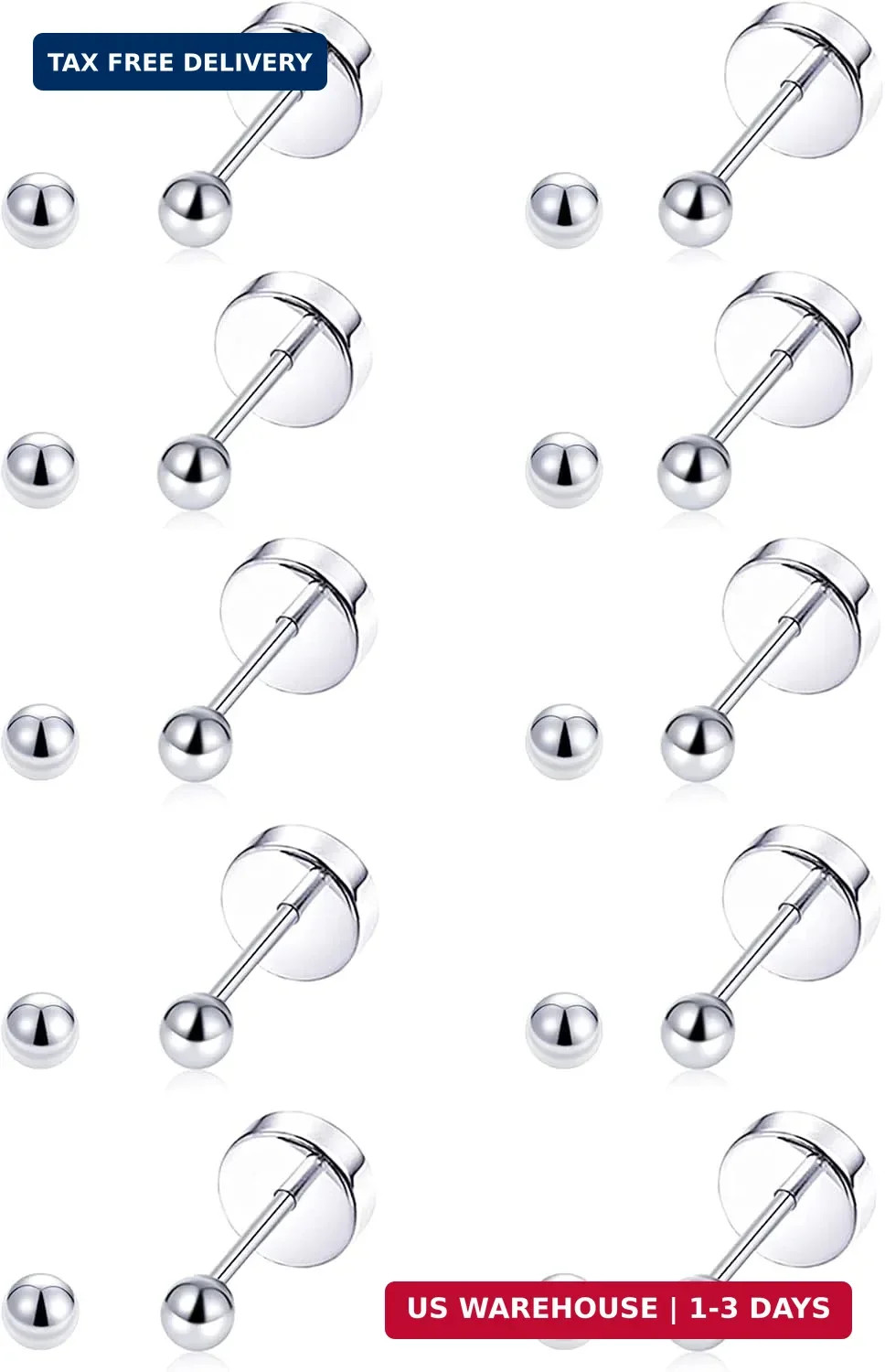 10 Pairs Tiny Cartilage Stud Earrings Stainless Steel Small Round CZ Ball Barbel