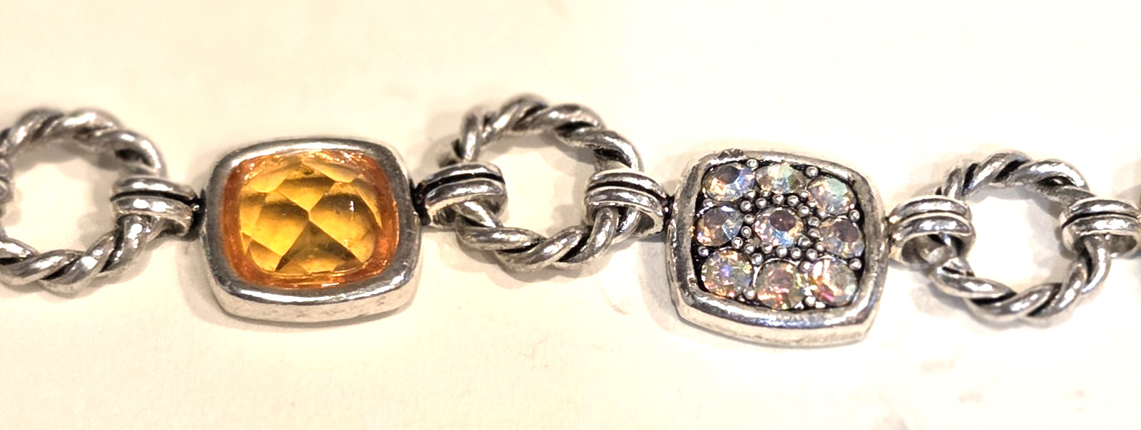Necklace -Silver Tone Faux Citrine Yellow Orange and Glittery Links 19″
