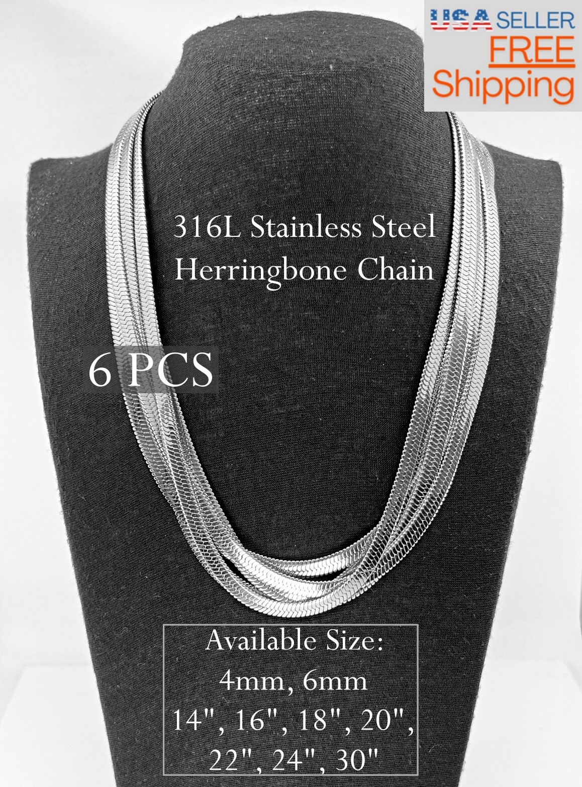 Wholesale Bulk 316L Stainless Steel Herringbone Chain 4mm, 6mm 14″-30″ Necklace