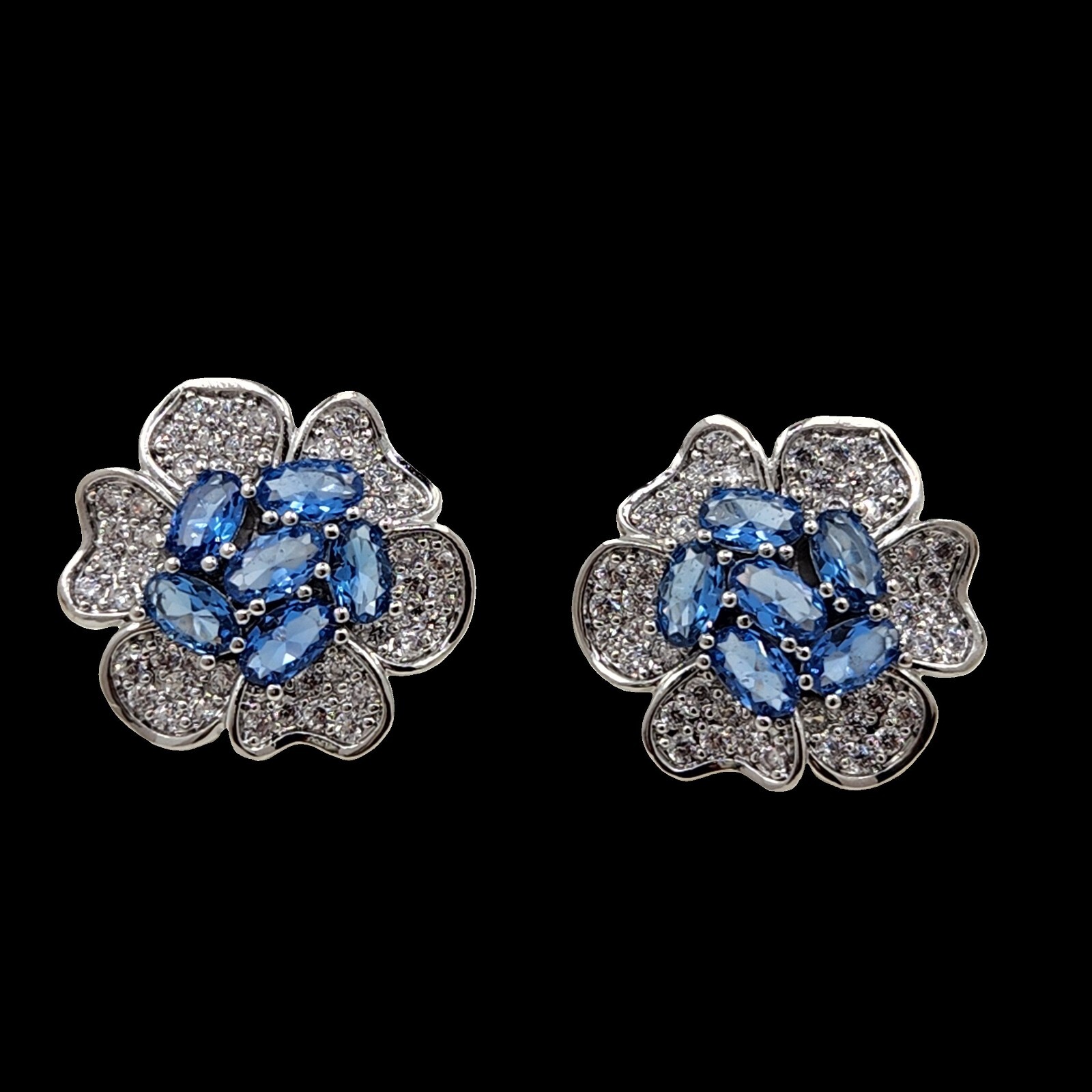 925 Sterling Silver 3x4mm Oval Sapphire 3/4” Flower Earrings Gemstone