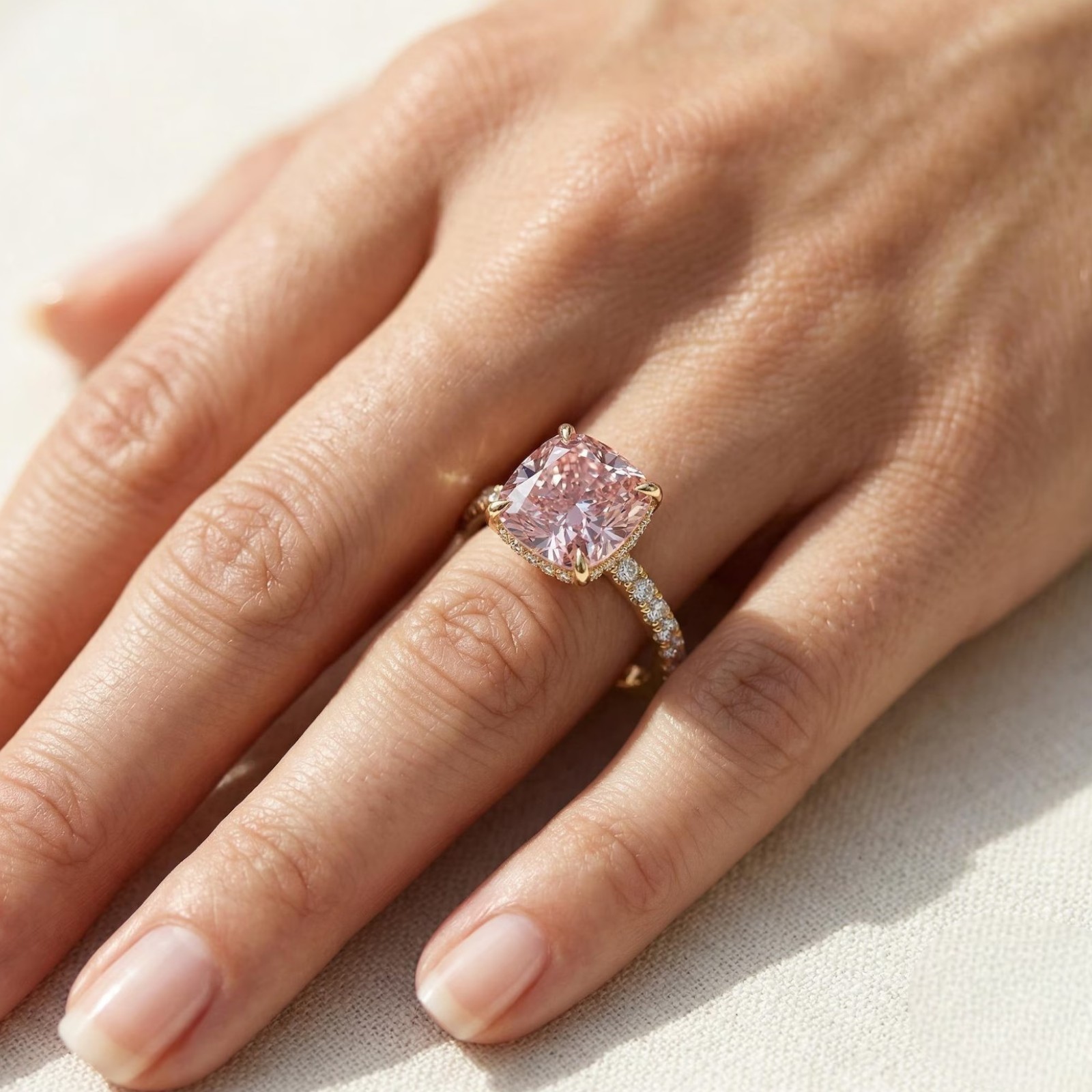 IGI Lab Created Cushion Cut Fancy Vivid Pink Diamond Ring 3.85 Ct 14k Rose Gold