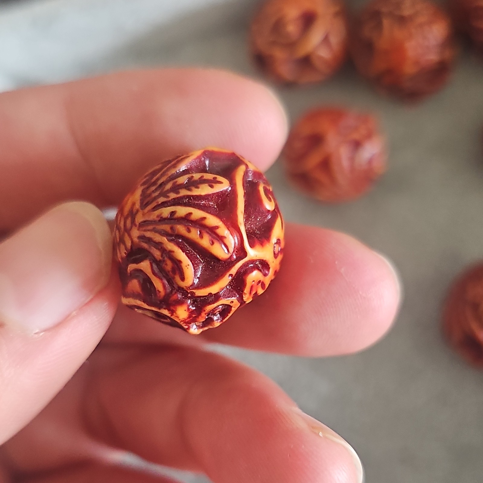 Carved Resin Dragon /Phoenix Round Beads 20mm Orange/Brown Large Hole Lot of 9