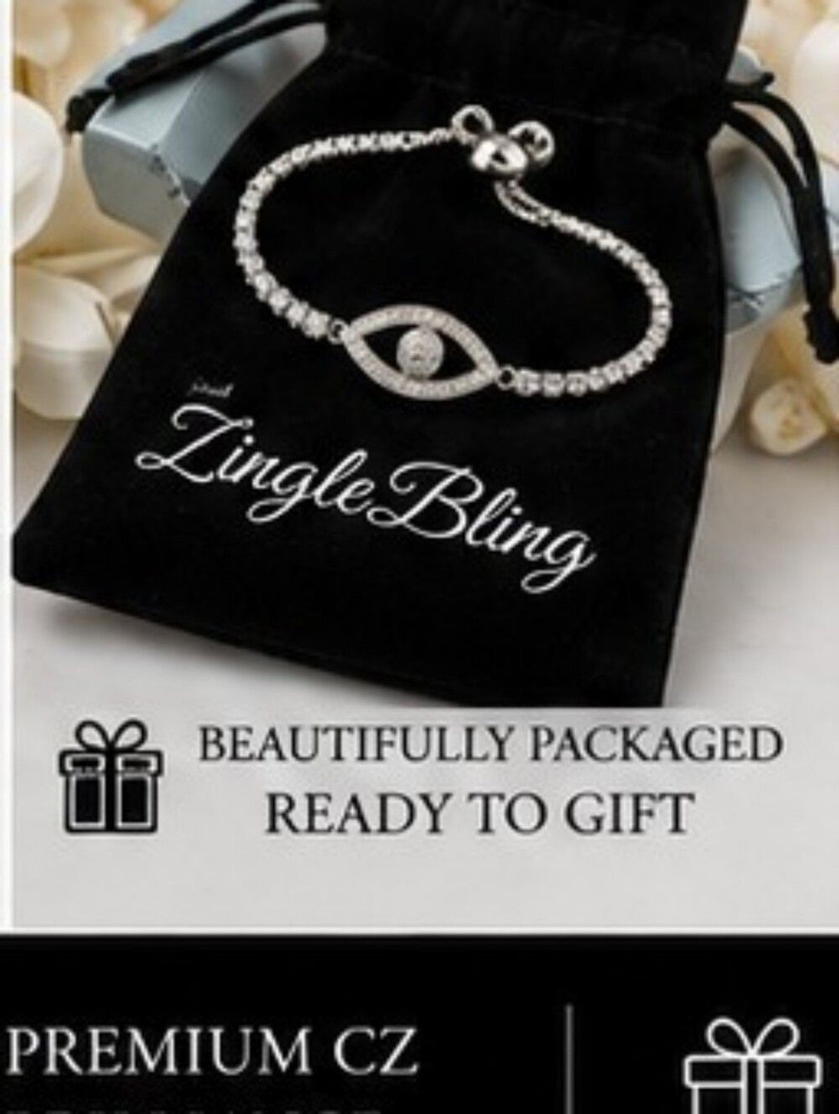 Evil Eye CZ Tennis Bracelet Rhodium Plated Stainless Steel Bolo Slider New