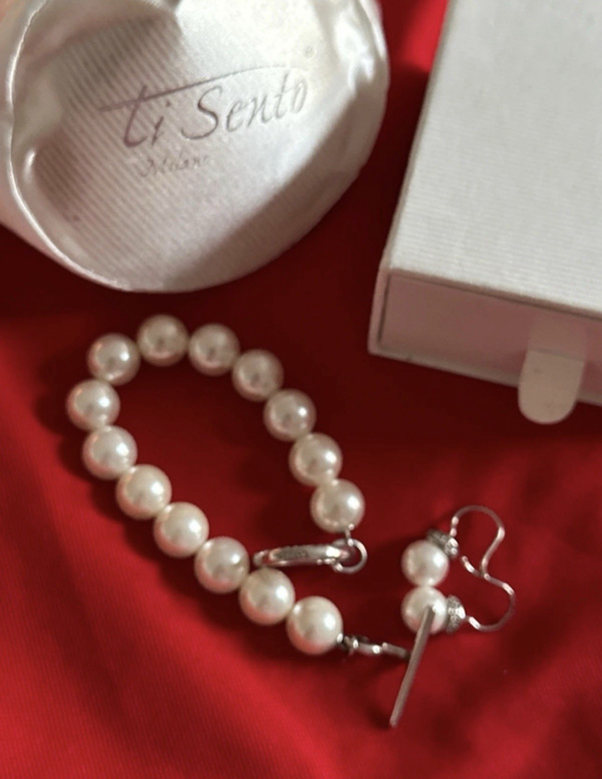 Ti Sento Milano pearl jewelry set sterling silver bracelet & drop earrings pavé
