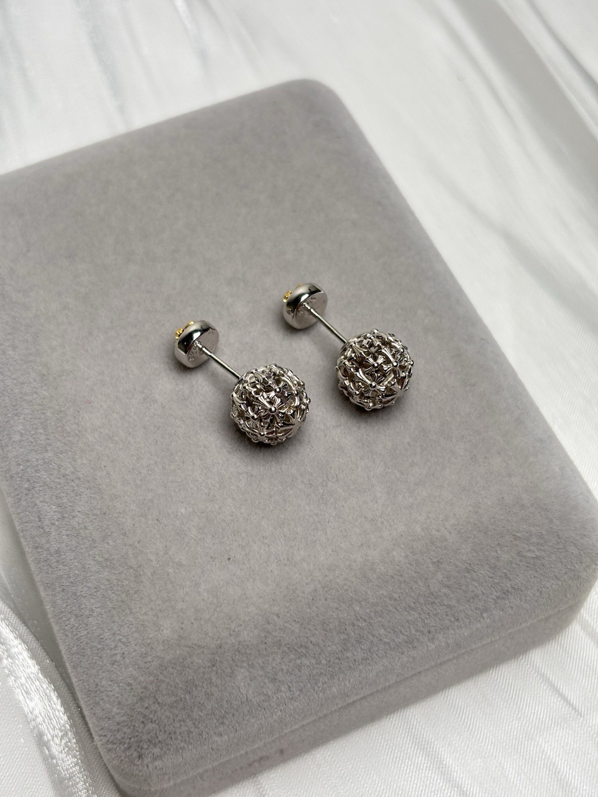 925 Sterling Silver Hollow Ball Double Sided Stud Earrings Front Back Design