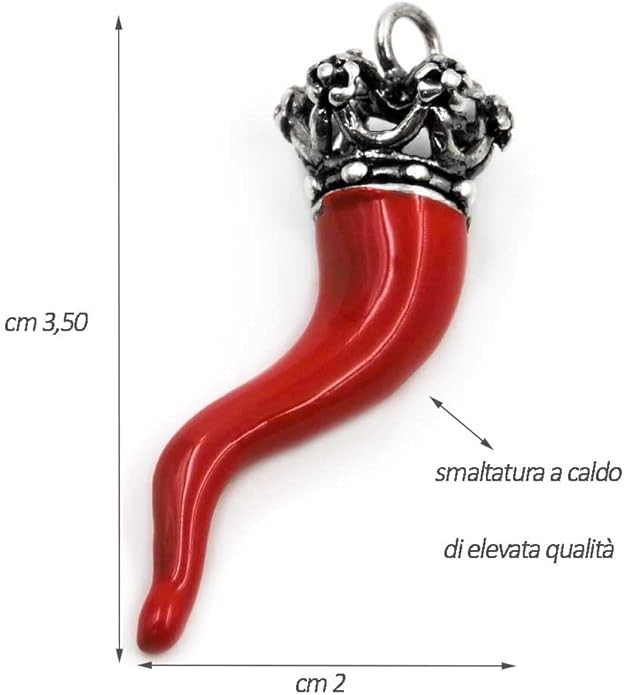 Red Cornicello Crown Pendant 800 Silver Neapolitan Lucky Horn Made in Italy