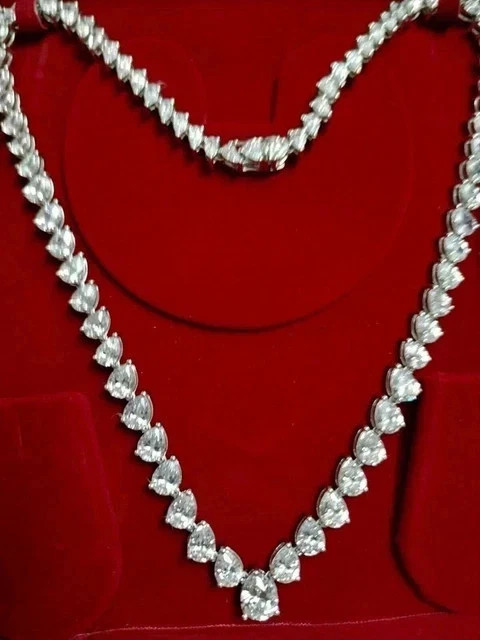 20Ct Pear Lab Created Diamond Tennis Necklace 14K White Gold Plated Silver